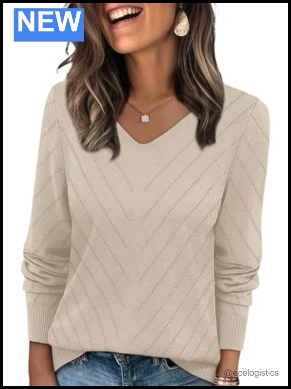 V Neck Casual Knit Long Sleeve Lightweight Pullover Sweater